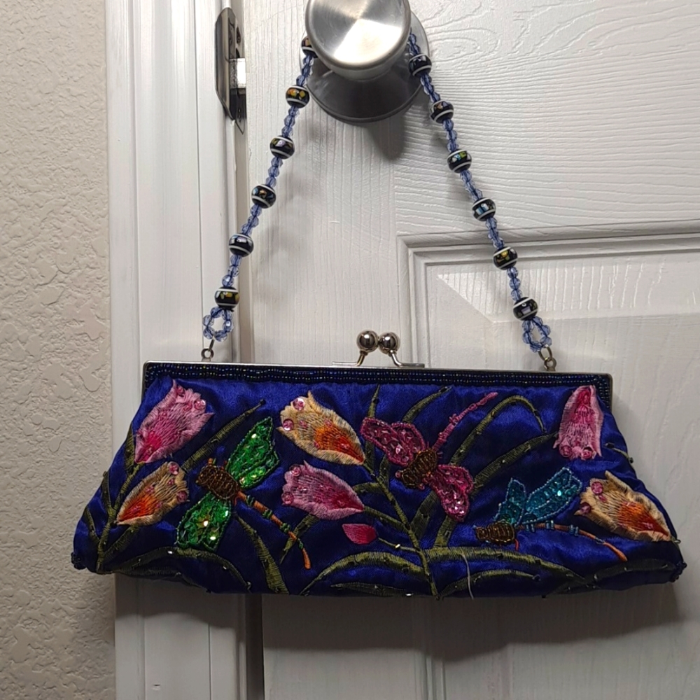 Vintage Blue Satin Beaded Dragonfly and Flower Handbag Purse Clutch